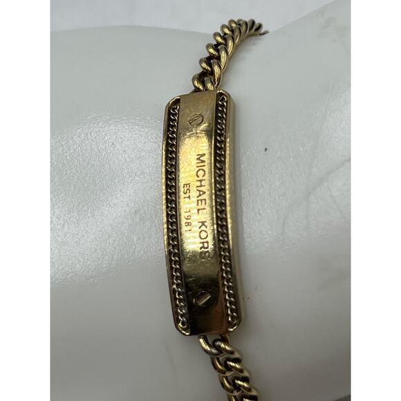 MICHAEL KORS MK Logo Plaque Yellow Gold Tone Stainless Steel Adjustable Bracelet - Picture 2 of 13